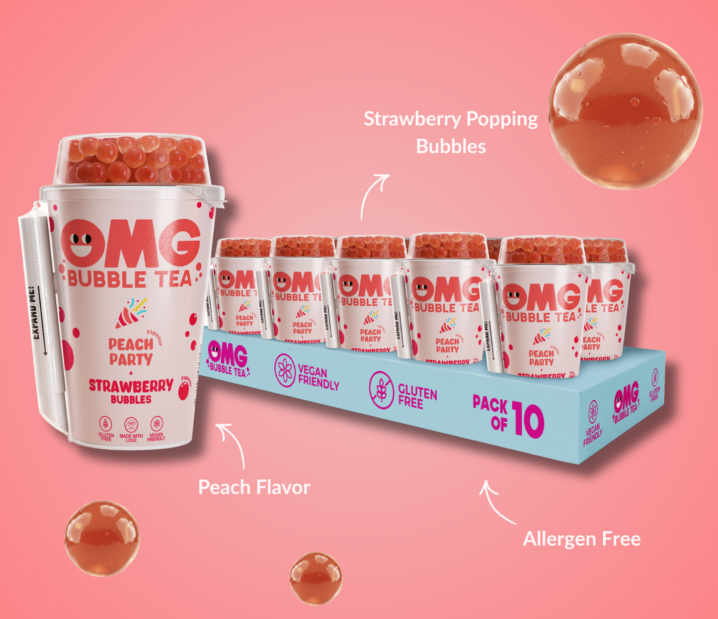 OMG Bubble Tea packaging with a tray of cups on a pink background