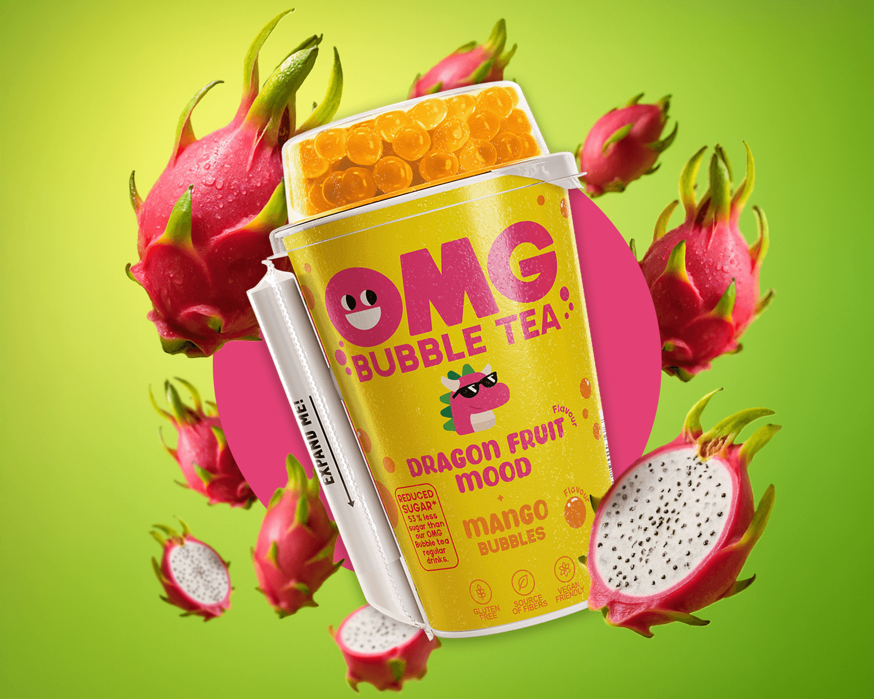 OMG Bubble Tea container with dragon fruit on a green background