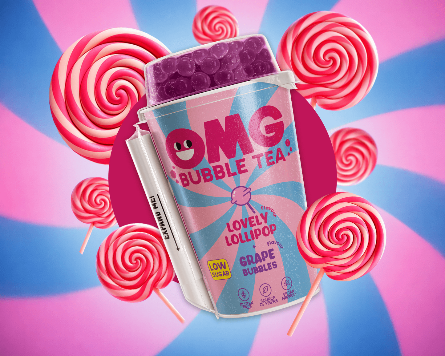 Bubble tea package with colorful lollipop graphics on a vibrant background