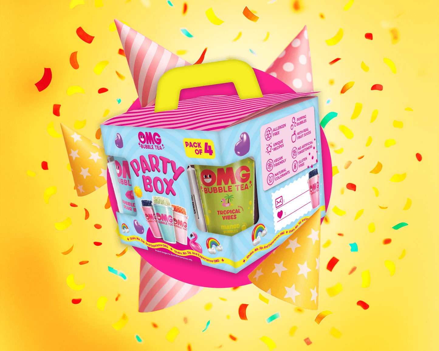 OMG Party Box with colorful confetti on a yellow background