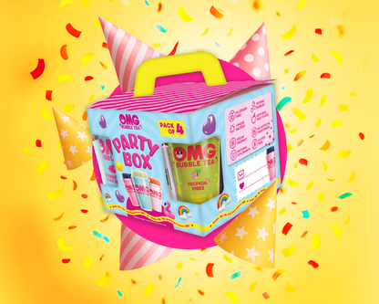 OMG Party Box with colorful confetti on a yellow background
