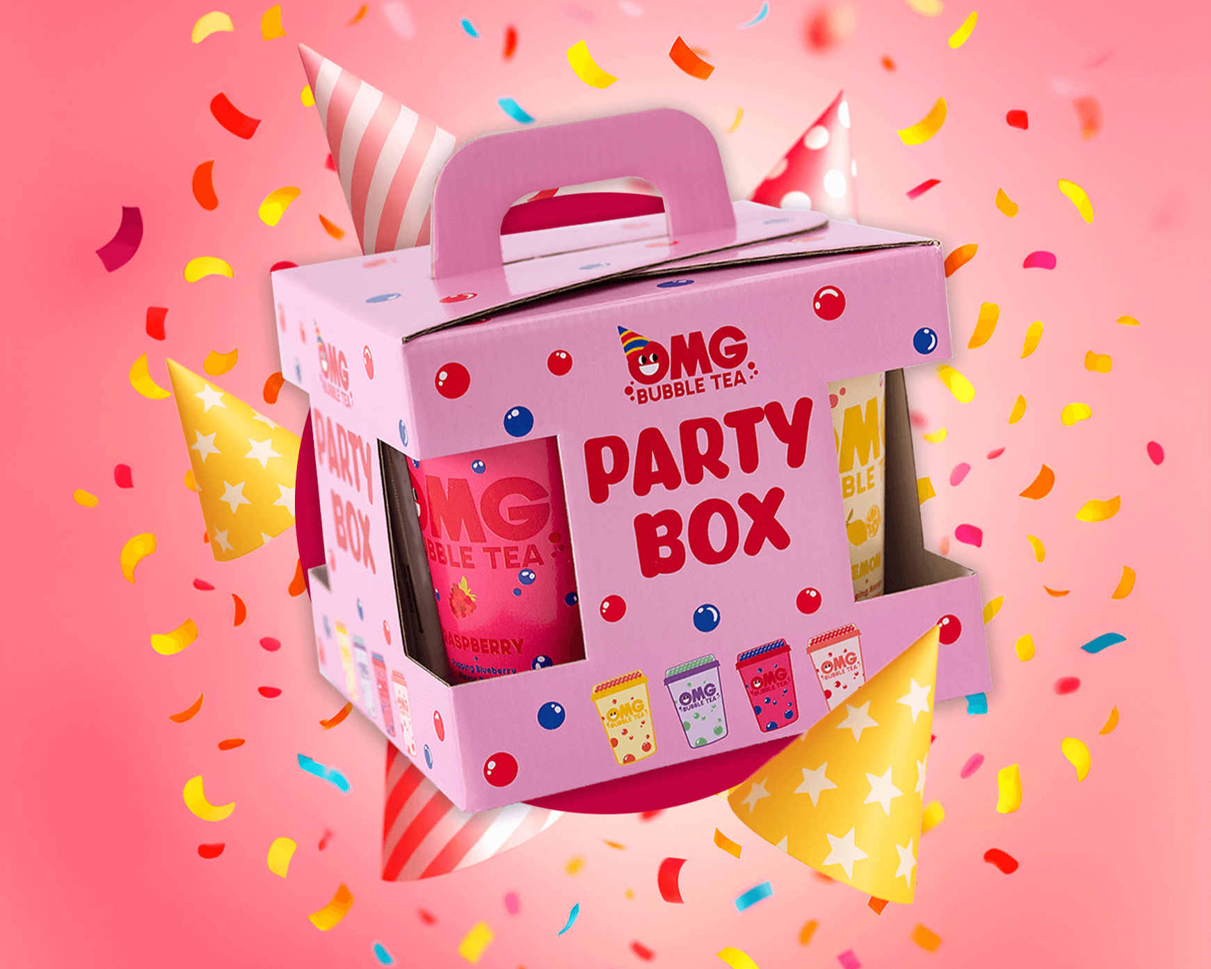 OMG Bubble Tea Party Box with colorful confetti on a pink background