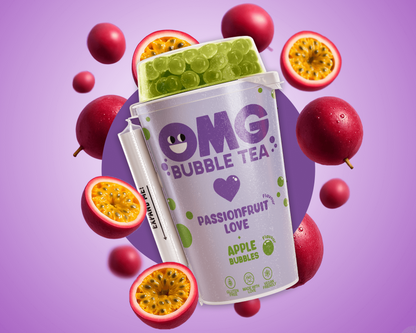 OMG Bubble Tea packaging with passion fruits on a purple background