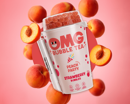 OMG Bubble Tea package with peach slices on a pink background