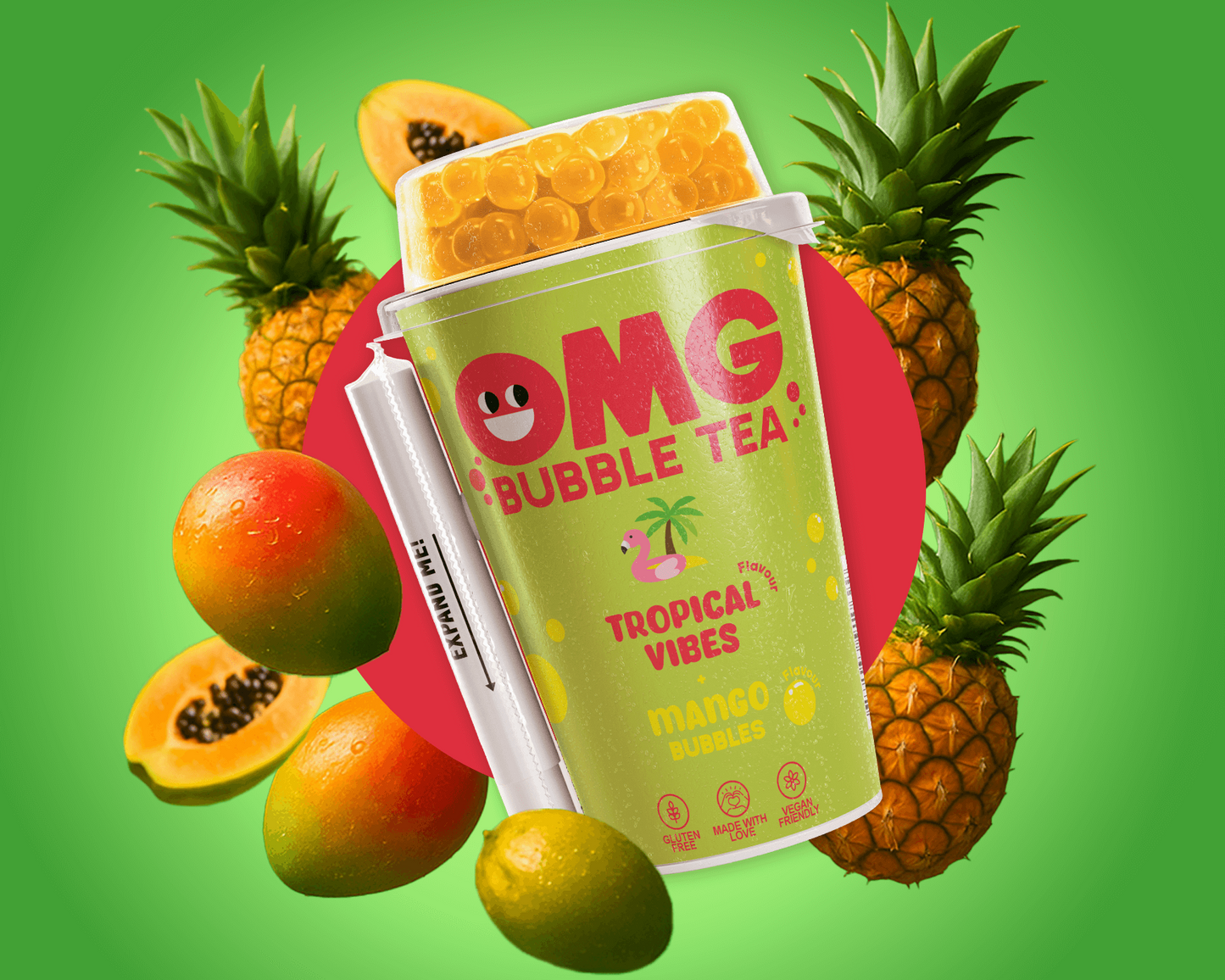 Green bubble tea cup with tropical fruits on a green background