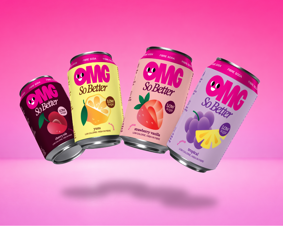 Four cans of 'OMG So Better' drinks on a pink gradient background