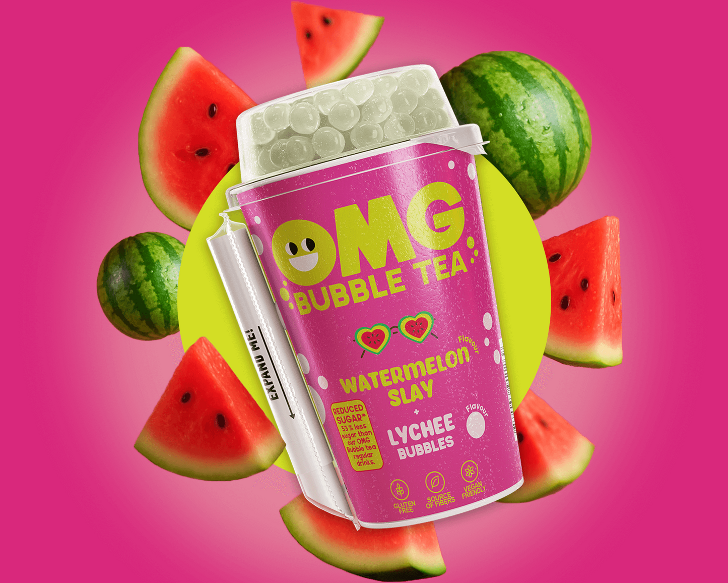 OMG Bubble Tea package with watermelon slices on a pink background