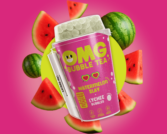 OMG Bubble Tea package with watermelon slices on a pink background